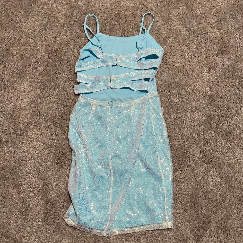Icy Light Blue Shimmery Sequin Strappy Mini Dress - Picture 3 of 3